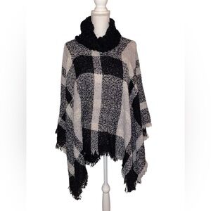 KNITTED SWEATER PONCHO Flannel Plaid Black, White and Gray One Size Fits Most